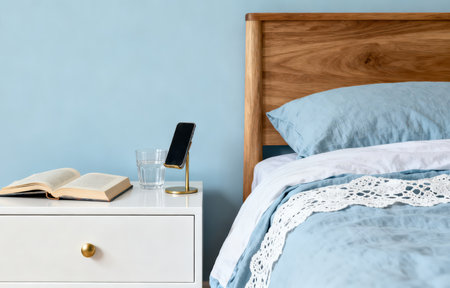 Bedside table with book, smartphone and glass of water in bedroomの素材