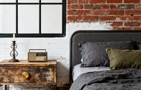 Stylish bedroom interior design with old fashioned radio on wooden bedside tableの素材