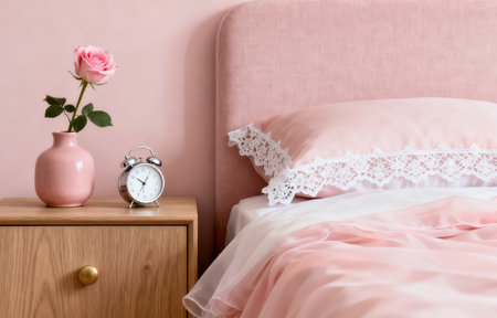 Pink alarm clock on the bedside table with a pink rose in a vaseの素材