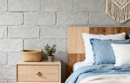 Interior of modern bedroom with white brick wall and wooden bed.の素材