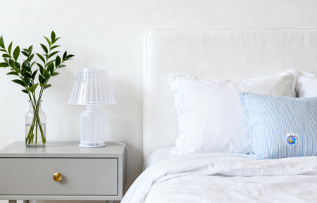 Interior of modern bedroom with white pillows on bedside tableの素材