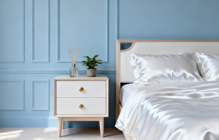 Bedroom interior with blue wall and wooden bedside table. 3d renderingの素材