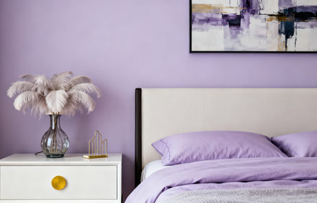 Interior of a modern bedroom with purple walls and wooden bedside tableの素材