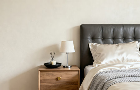 Luxury bedroom interior with bedside table, lamp and pillowsの素材