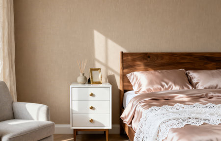 Interior of a modern bedroom with wooden bedside table and lampの素材