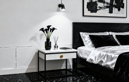 Modern black and white bedroom interior design with bed, coffee table, vase and plantsの素材
