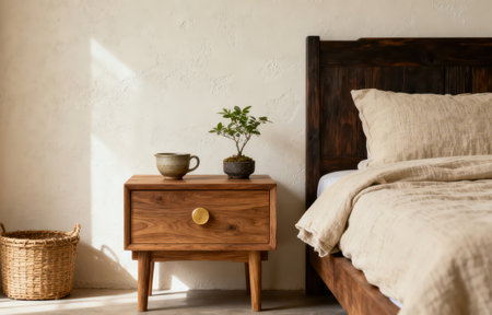 Wooden bedside table with pillows and a vase with a plant in the bedroomの素材