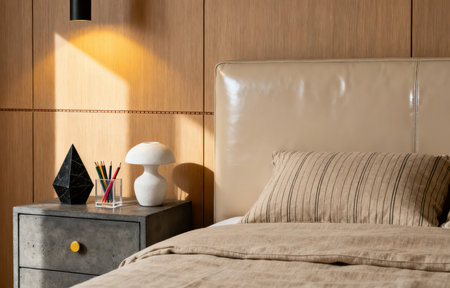 Modern bedroom interior design with brown pillows and wooden bedside table, 3d renderの素材