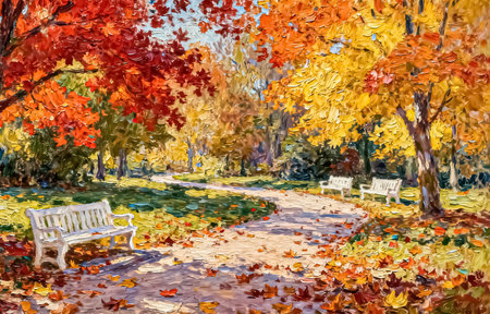 Oil painting on canvas of autumn park with bench and fallen leaves on the groundの素材