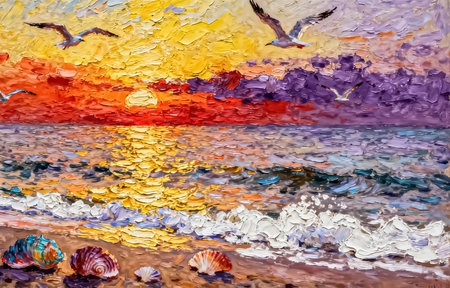 Abstract oil painting of seagulls on the seashoreの素材