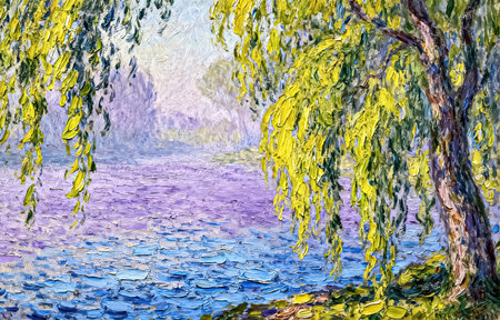 Oil painting on canvas. Spring landscape with willow tree and lakeの素材