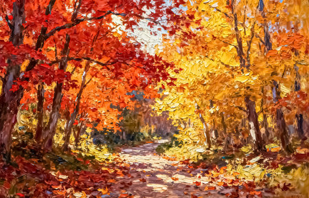 Digital painting of autumn forest road with fallen leaves in bright colors.の素材