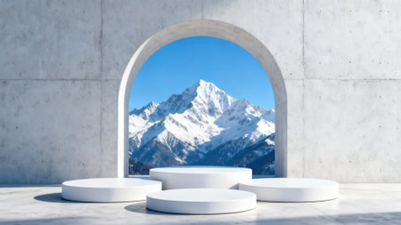 Podium and arch on the background of the mountains. 3d renderingの素材