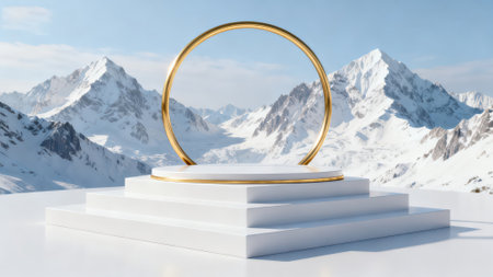 3d rendering of a white podium with a golden ring in front of a snowy mountainsの素材
