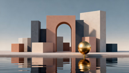 3d rendering of a golden sphere in front of a modern buildingの素材