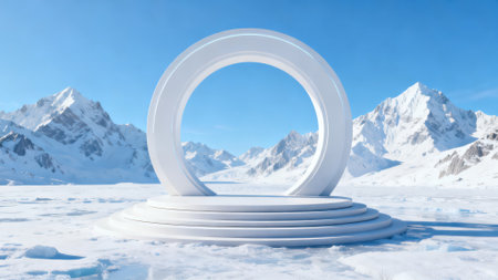 3d render of white round podium for product presentation in snowy mountainsの素材