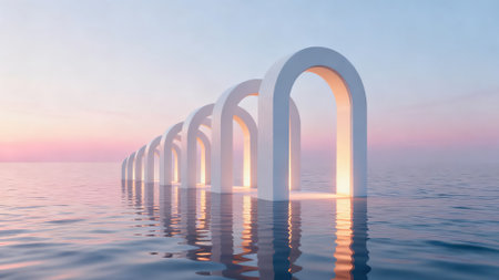 3d rendering of arches in the sea at sunset time.の素材