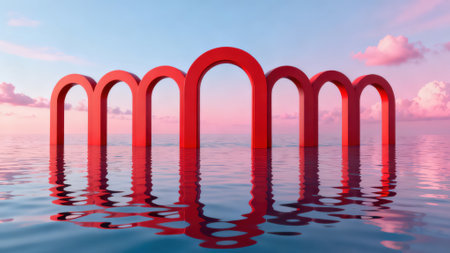 3D rendering of an archway in the sea at sunset.の素材
