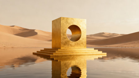 3d rendering of podium in the middle of the desert with reflection in waterの素材