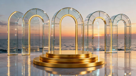 3d render of golden podium on the background of sea and sunsetの素材
