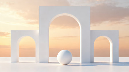 3d rendering of white stone arch with sphere in front of sunset skyの素材
