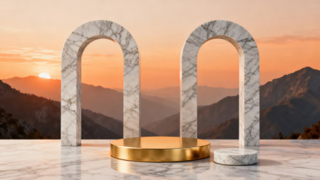 Golden podium on white marble platform with arch and mountain background. 3d renderの素材