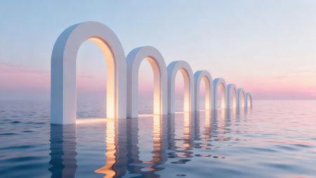 Arches in the water at sunset, 3d render illustration.の素材