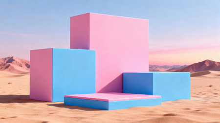 3d render, abstract minimal geometric background, blue and pink podium in the desertの素材
