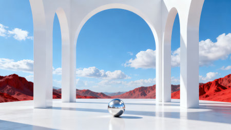 Abstract background with a crystal ball inside the arch. 3D renderingの素材