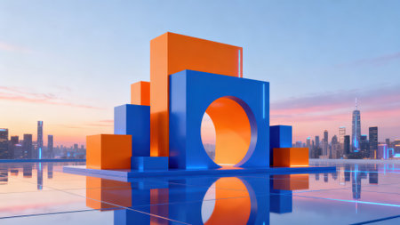 3d illustration of modern city with blue and orange building on the groundの素材