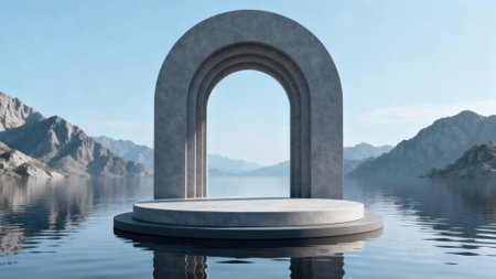 3d rendering of a stone podium on a lake with mountains in the backgroundの素材
