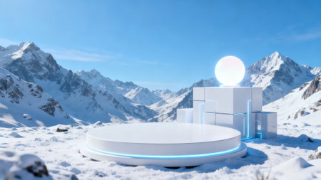 3d render. Futuristic podium on the background of snowy mountains.の素材