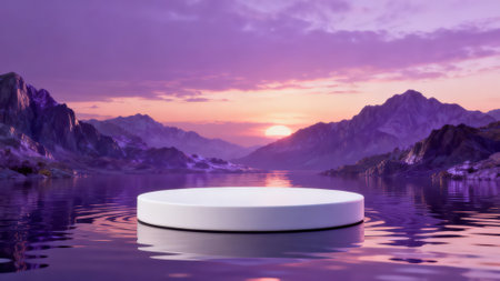 White podium on the background of the mountains and the lake at sunsetの素材