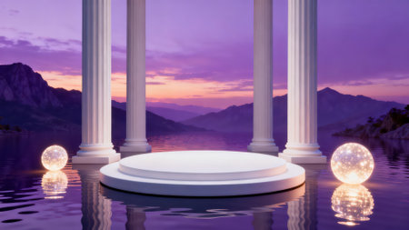 Podium on the background of mountains and lake. 3d renderingの素材