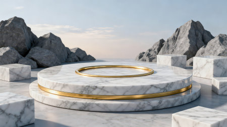 3d rendering of a white marble pedestal with golden ring and rocksの素材