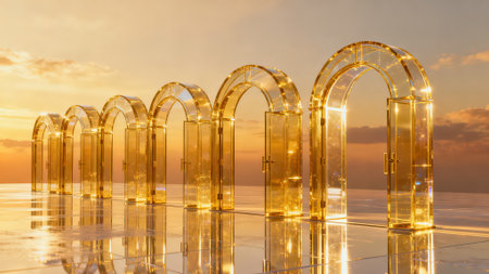 Sunset in the pool with glass arches, 3d renderの素材