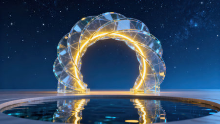 Abstract polygonal arch in the night sky. 3d renderingの素材