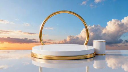 3d rendering of a round podium on a background of blue skyの素材