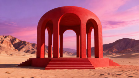 3D rendering of a red arch in the desert at sunset.の素材