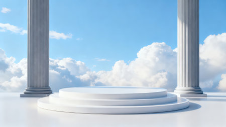 White pedestal with columns on a background of blue sky. 3D renderingの素材
