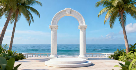 White arch with palm trees and sea in the background - 3d renderの素材