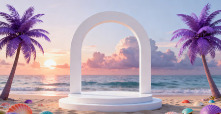 3d render of white arch on the beach with palm trees and seashells at sunsetの素材