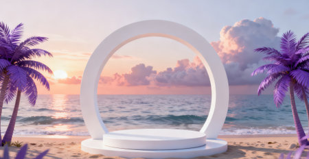 3d render of round podium with palm trees on beach and sea backgroundの素材