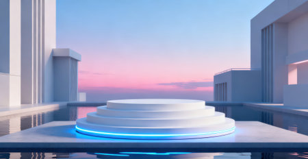3d render of a podium on a background of the sunset skyの素材