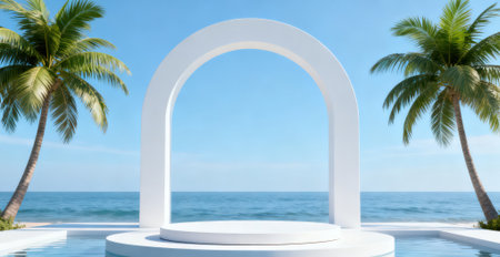 3d rendering of a white podium on the beach with palm treesの素材