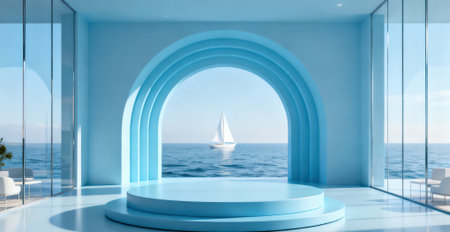 Blue round podium on the background of the sea. 3d renderingの素材