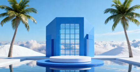 3d render, abstract minimal scene with round podium, palm trees and blue skyの素材