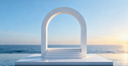 3d rendering of a white arch in front of the sea.の素材