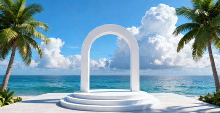3d rendering of a white arch on the beach with palm treesの素材