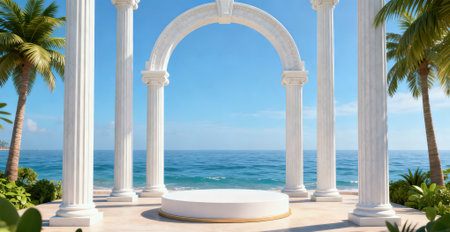 White marble podium in front of the sea. 3d render.の素材